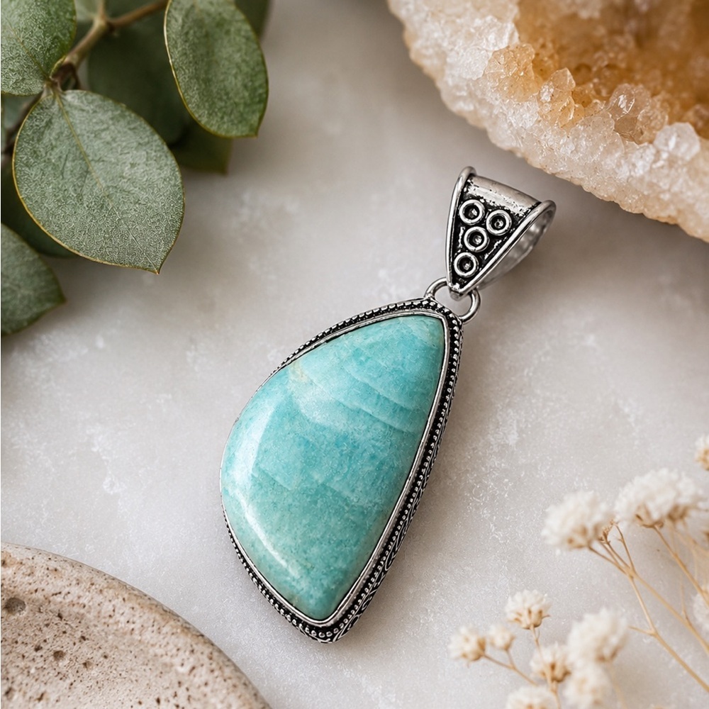 Artisan AMAZONITE Blue-Green Teardrop Pendant Handcrafted Ornate Bezel Cabachon